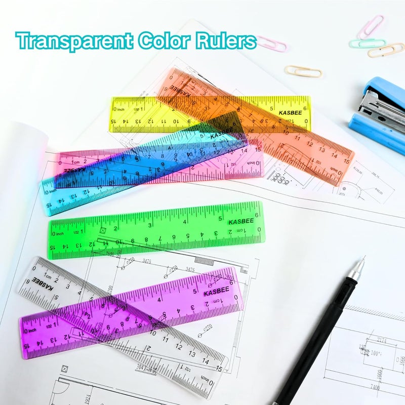 KASBEE 6 Inch Rulers, Colored Clear Rulers, Centimeters and Inches, Plastic Ruler for Kids, School, Home, Office, Pack of 7 - Image 4
